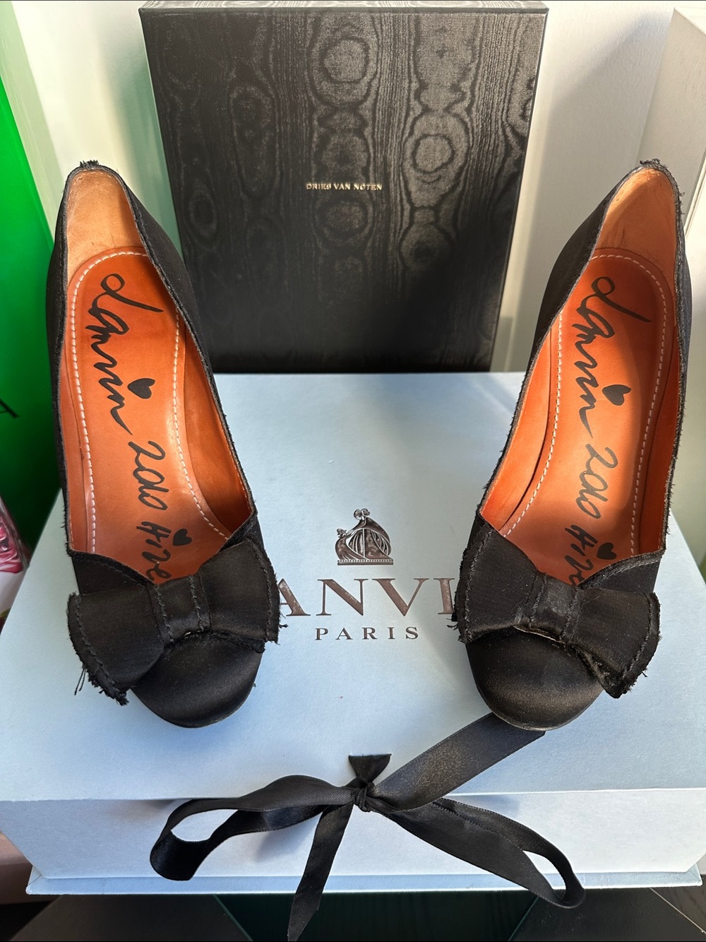 Lanvin Black Satin Peep-Toe Pumps with Front Bow